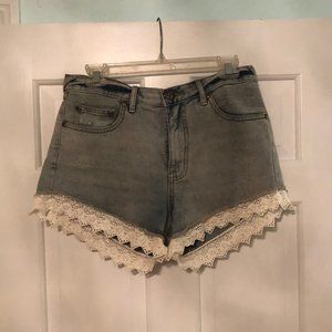 Free People Lace Trim Denim Shorts